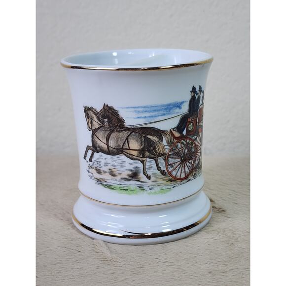 Mustache Shaving Mug Gold Rim 4" Porcelain Fireman Horse-Drawn Wagon 80s Vintage - Picture 8 of 13